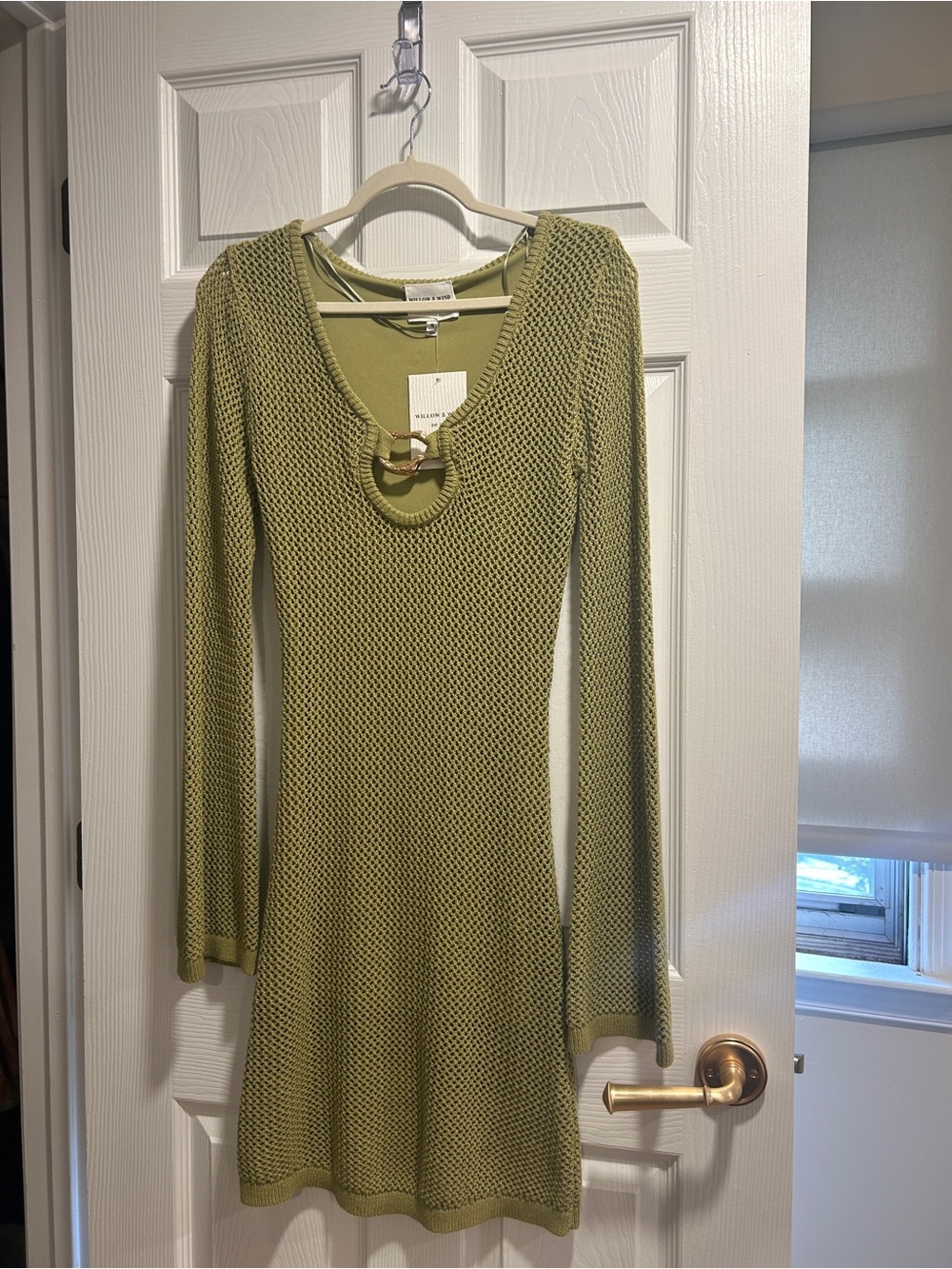 Olive Green Long-Sleeve Mesh Knit Dress